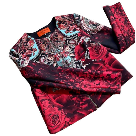 CLOVER CANYON Rose Matador neoprene cropped zipper closure bomber red jacket, XS - Picture 3 of 8